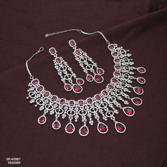 Bridal Short Platinum Red Square Stone Drop Necklace Set With Push Back Bridal Earrings Premium Jewellery For Party Wear 42887