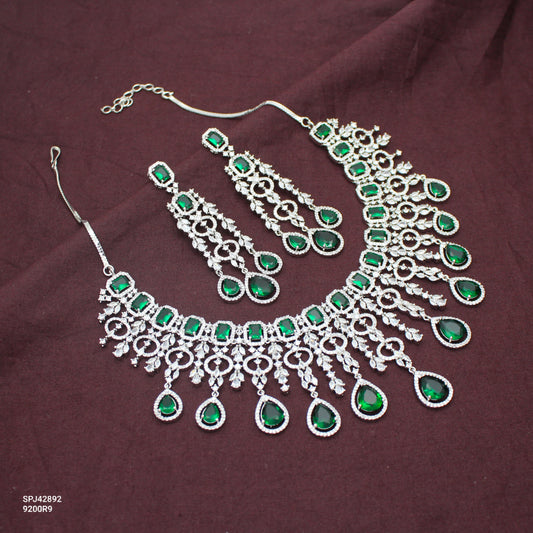 Bridal Short Platinum Green Square Stone Drop Necklace Set With Push Back Bridal Earrings Premium Jewellery For Party Wear 42892