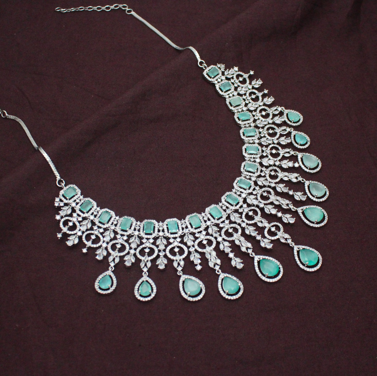 Bridal Short Platinum Mint Green Square Stone Drop Necklace Set With Push Back Bridal Earrings Premium Jewellery For Party Wear 42889