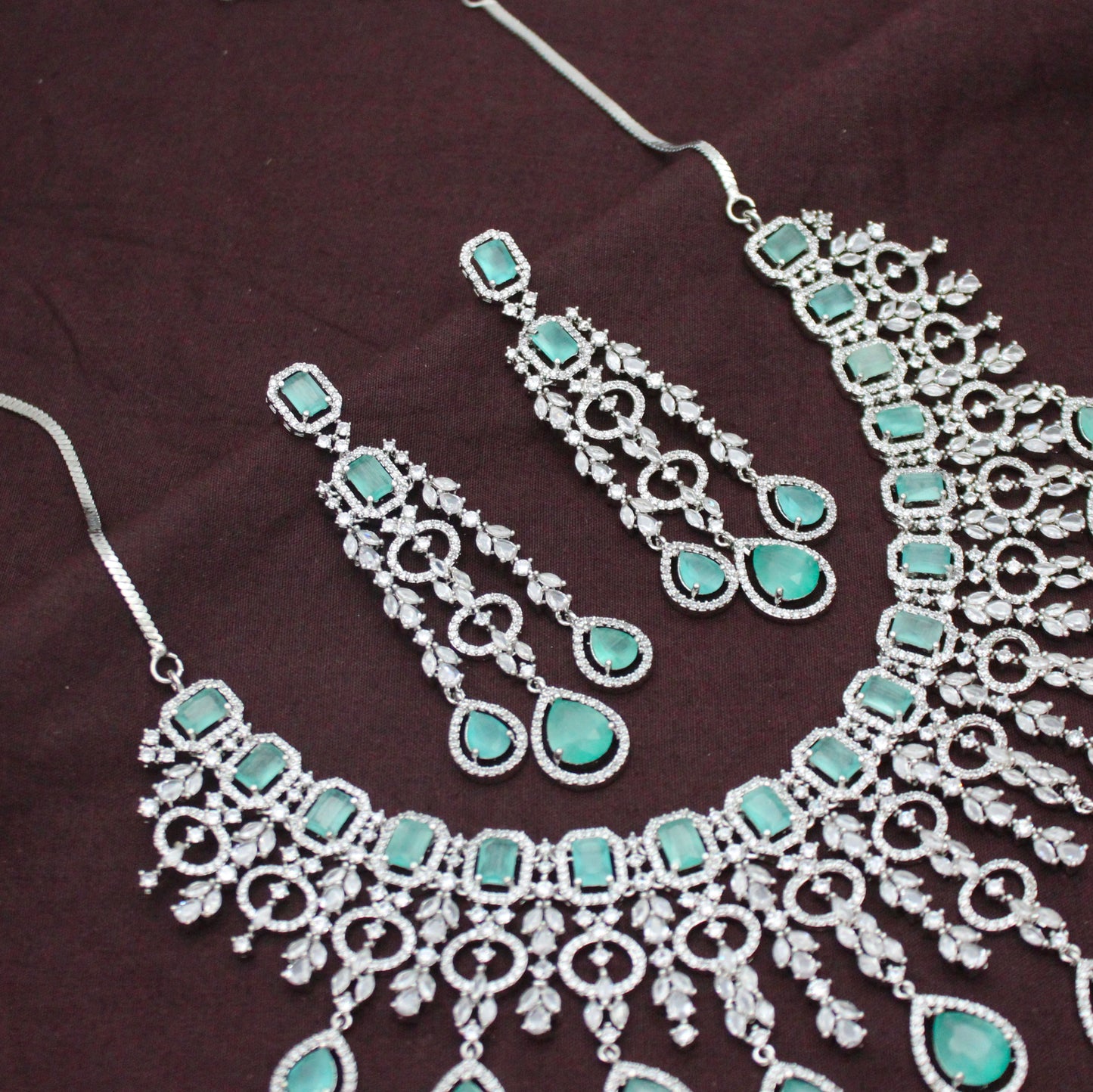 Bridal Short Platinum Mint Green Square Stone Drop Necklace Set With Push Back Bridal Earrings Premium Jewellery For Party Wear 42889