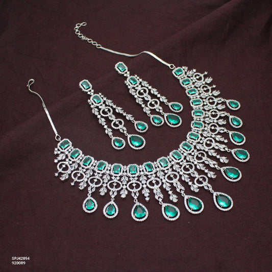Bridal Short Platinum Rama Green Square Stone Drop Necklace Set With Push Back Bridal Earrings Premium Jewellery For Party Wear 42894