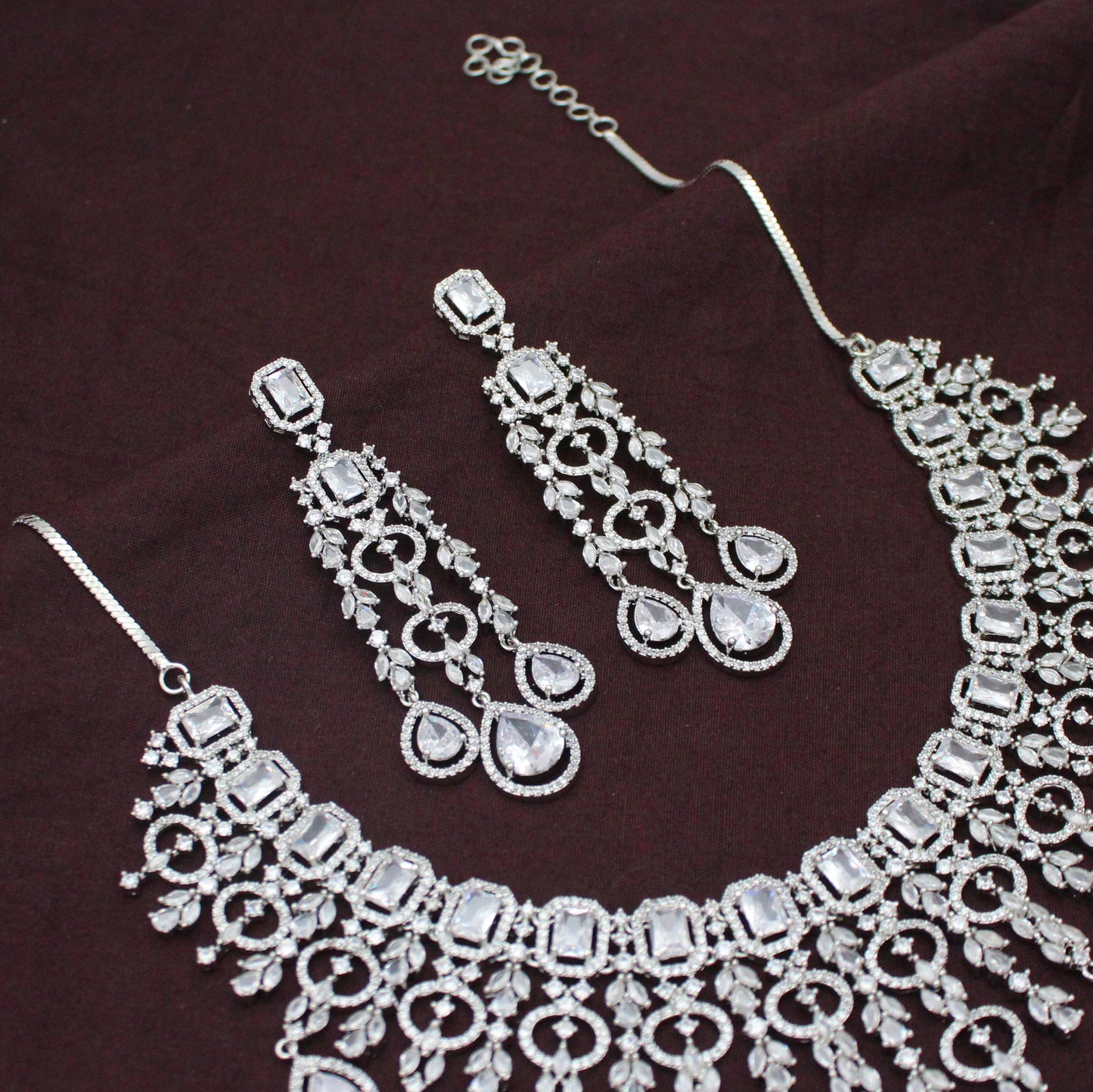 Bridal Short Platinum White Square Stone Drop Necklace Set With Push Back Bridal Earrings Premium Jewellery For Party Wear 42890