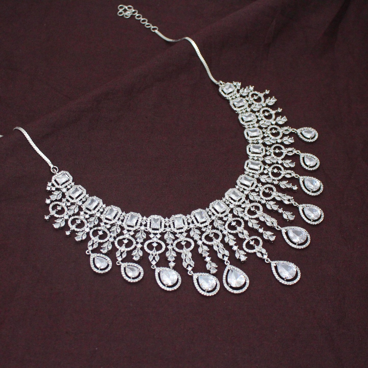 Bridal Short Platinum White Square Stone Drop Necklace Set With Push Back Bridal Earrings Premium Jewellery For Party Wear 42890