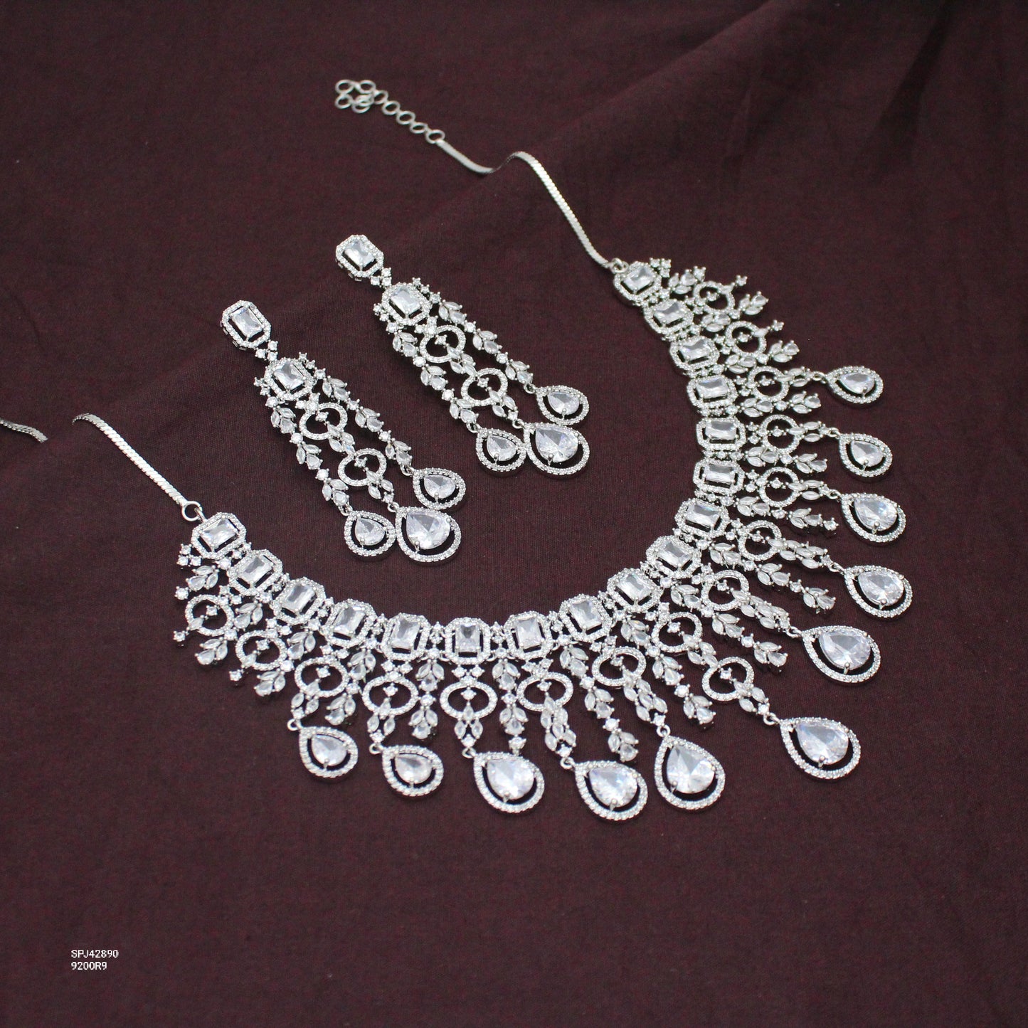Bridal Short Platinum White Square Stone Drop Necklace Set With Push Back Bridal Earrings Premium Jewellery For Party Wear 42890
