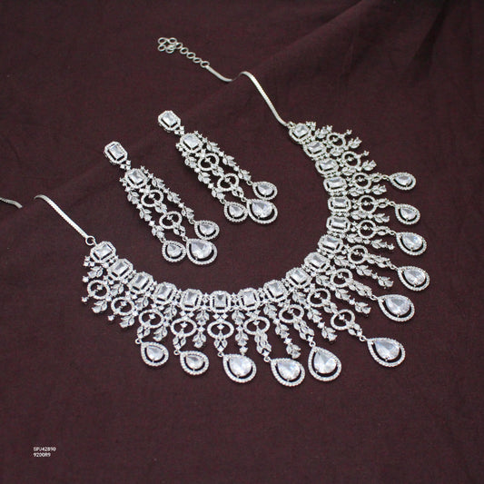 Bridal Short Platinum White Square Stone Drop Necklace Set With Push Back Bridal Earrings Premium Jewellery For Party Wear 42890