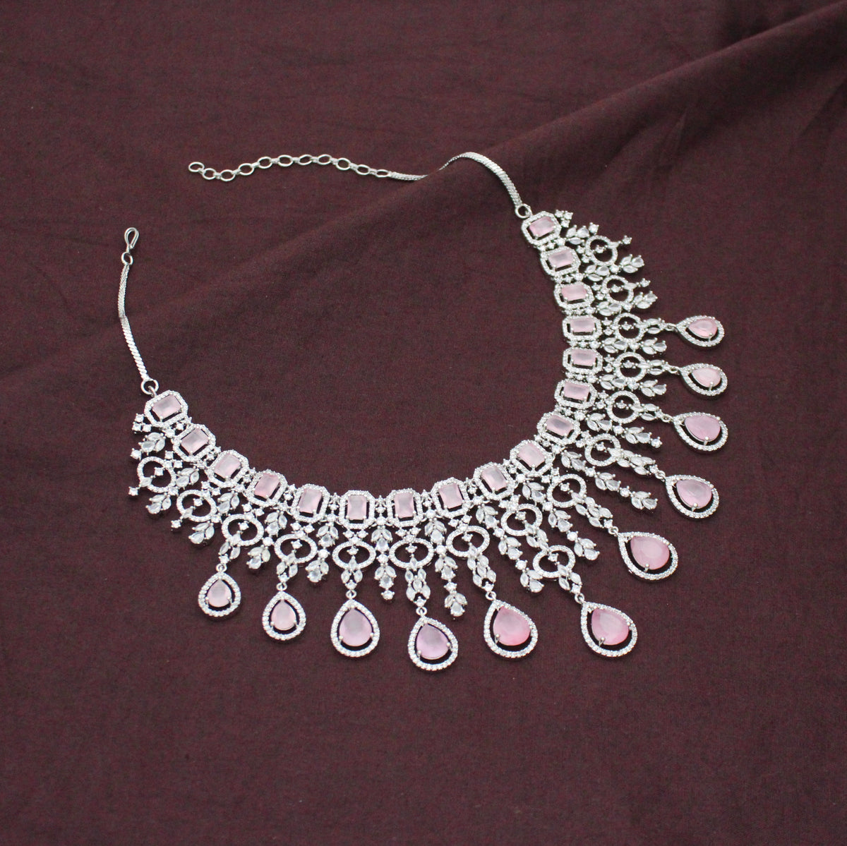 Bridal Short Platinum Pink Square Stone Drop Necklace Set With Push Back Bridal Earrings Premium Jewellery For Party Wear 42891