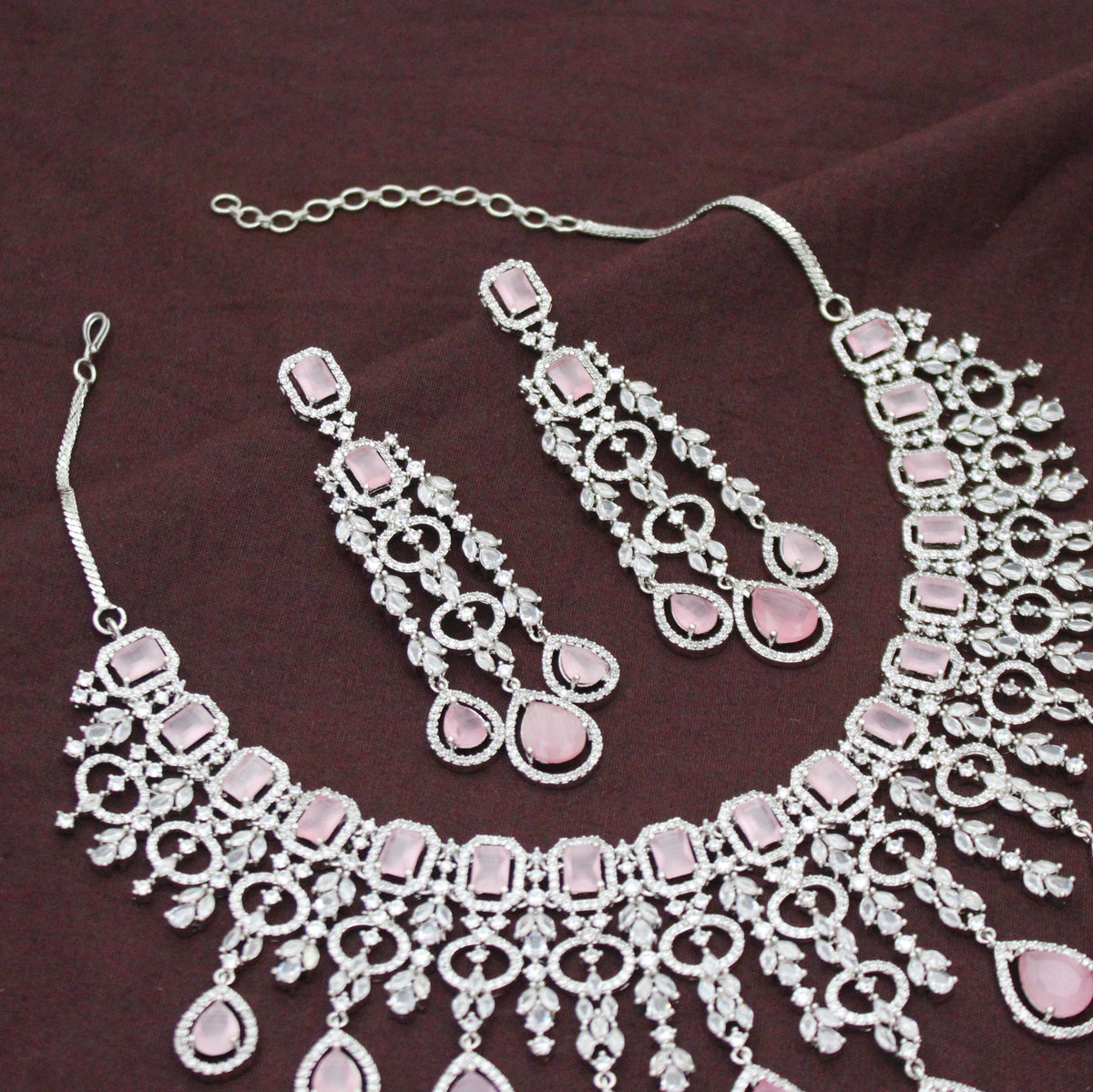 Bridal Short Platinum Pink Square Stone Drop Necklace Set With Push Back Bridal Earrings Premium Jewellery For Party Wear 42891