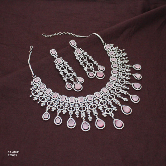 Bridal Short Platinum Pink Square Stone Drop Necklace Set With Push Back Bridal Earrings Premium Jewellery For Party Wear 42891