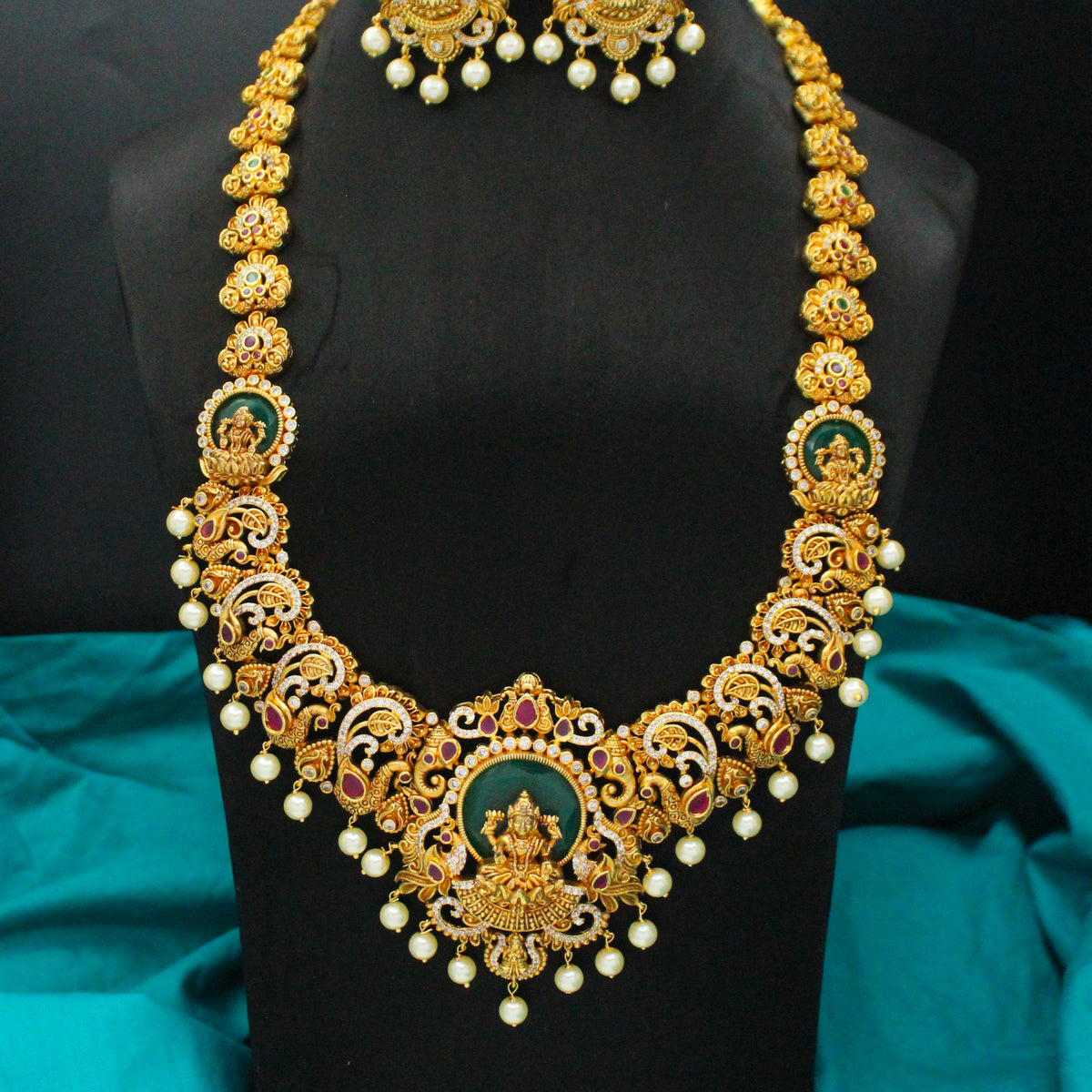 Traditional Nakshi Laxmi Peacock Long Necklace Set With White Pearls And Screw Back Earrings 42872
