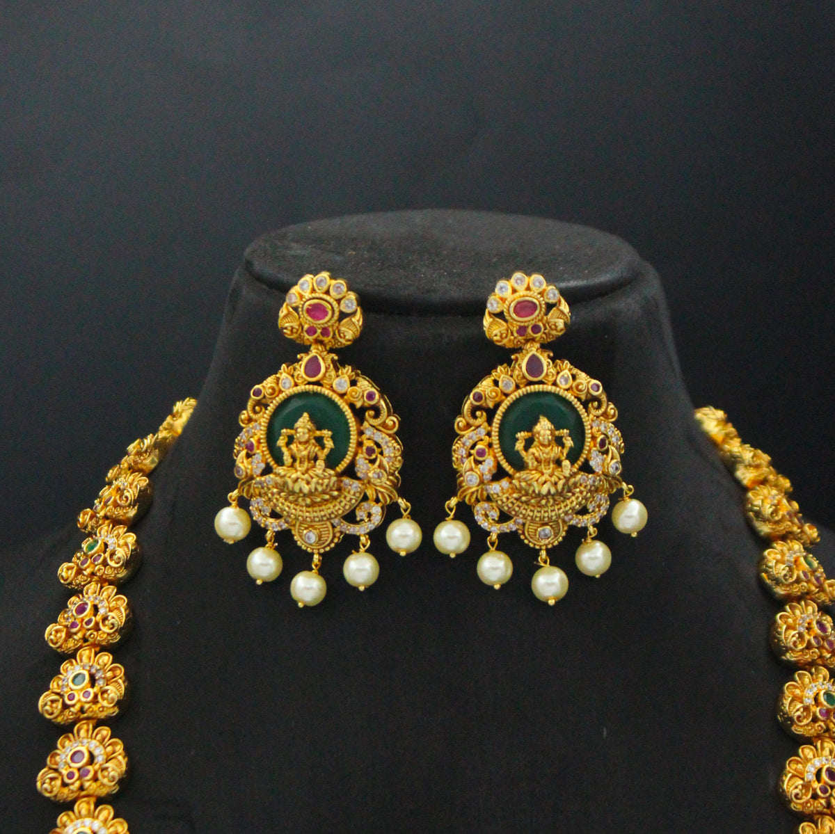 Traditional Nakshi Laxmi Peacock Long Necklace Set With White Pearls And Screw Back Earrings 42872