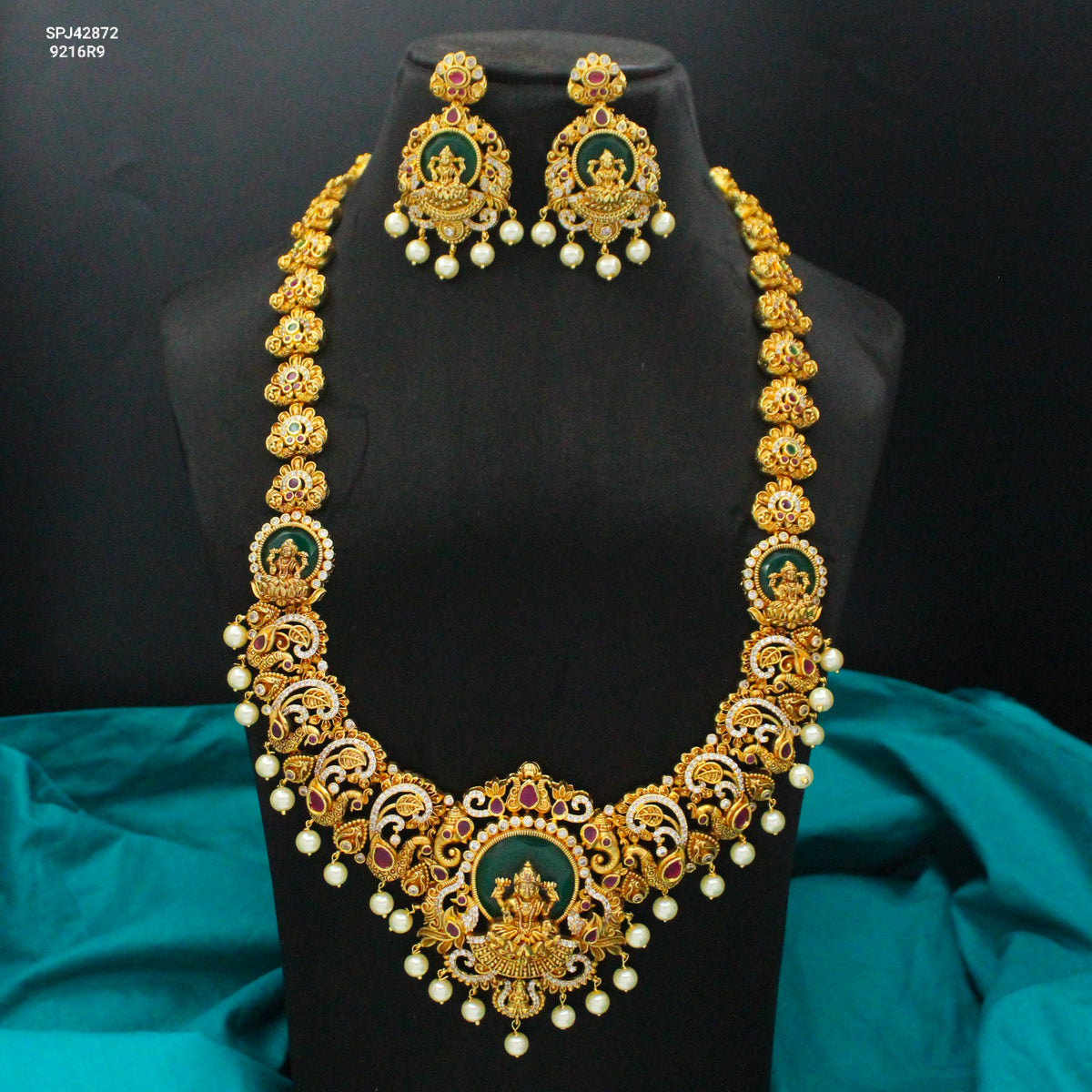 Traditional Nakshi Laxmi Peacock Long Necklace Set With White Pearls And Screw Back Earrings 42872