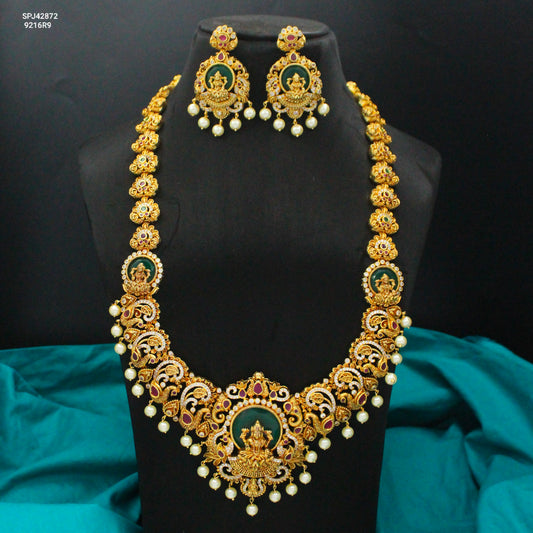 Traditional Nakshi Laxmi Peacock Long Necklace Set With White Pearls And Screw Back Earrings 42872