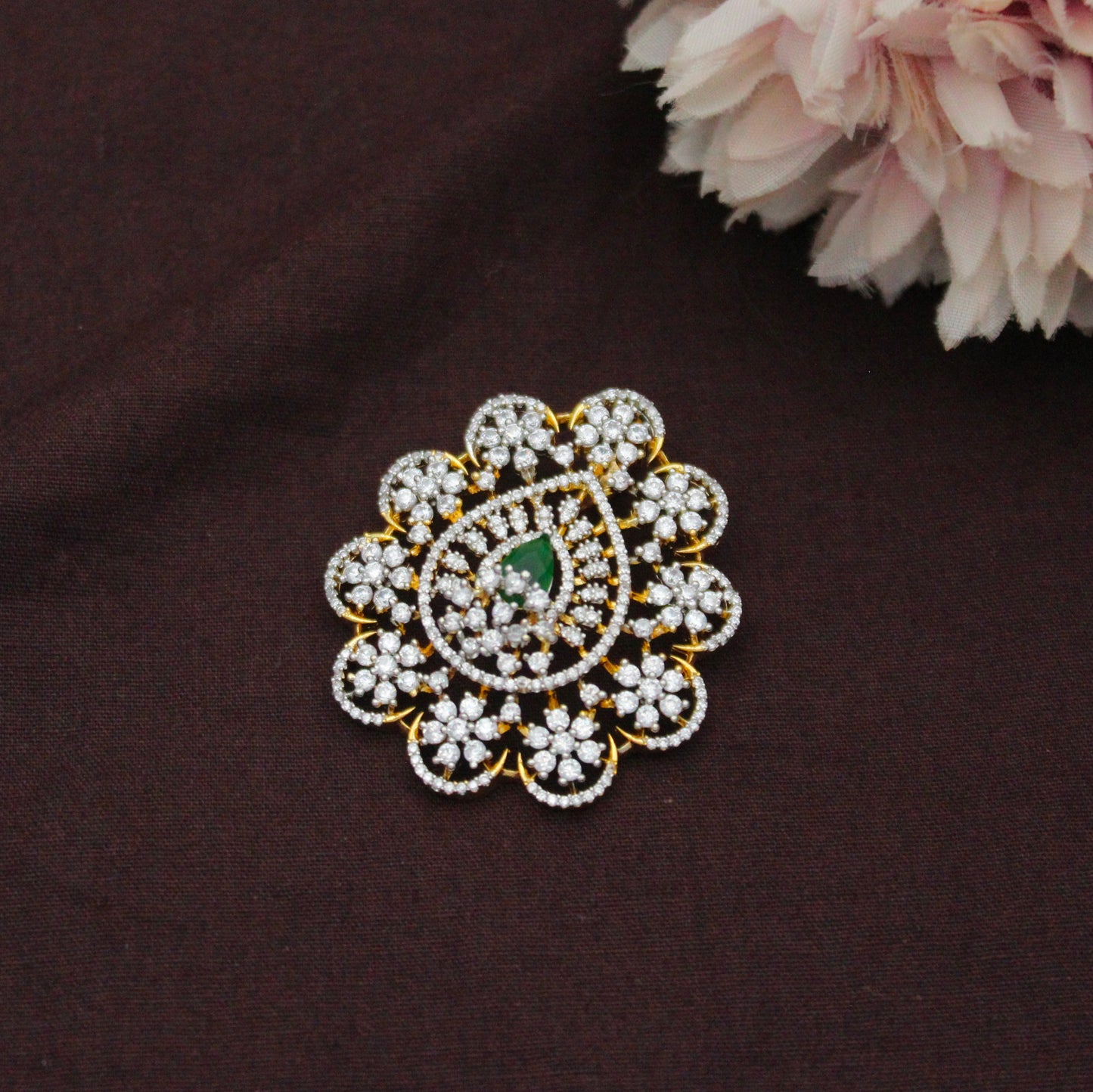 Diamond Look Fancy Green Stone Pendant Set With Earrings 42862