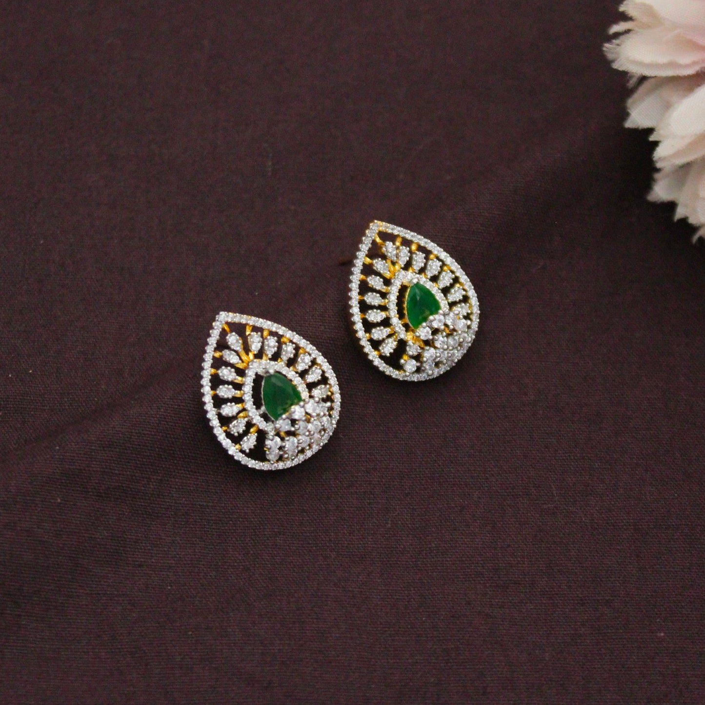 Diamond Look Fancy Green Stone Pendant Set With Earrings 42862