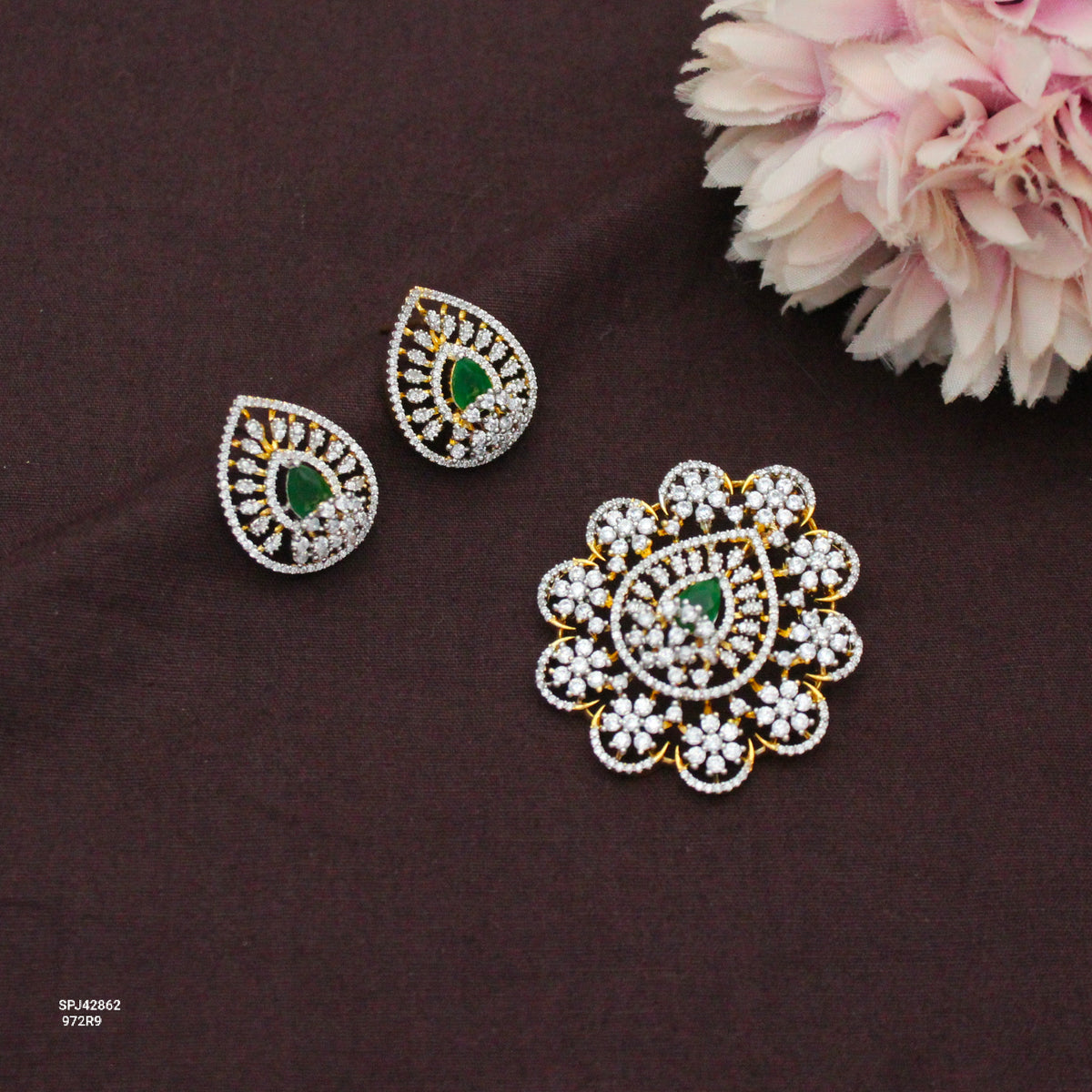 Diamond Look Fancy Green Stone Pendant Set With Earrings 42862