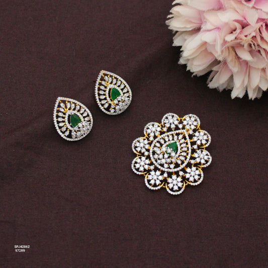 Diamond Look Fancy Green Stone Pendant Set With Earrings 42862