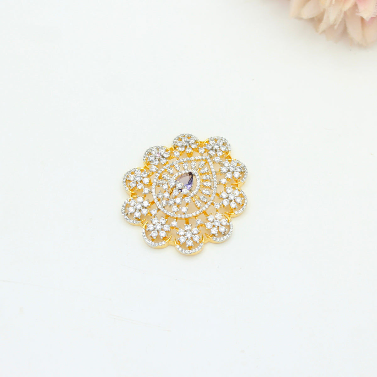 Diamond Look Purple Pendant Set With Screw Back Earrings 42864