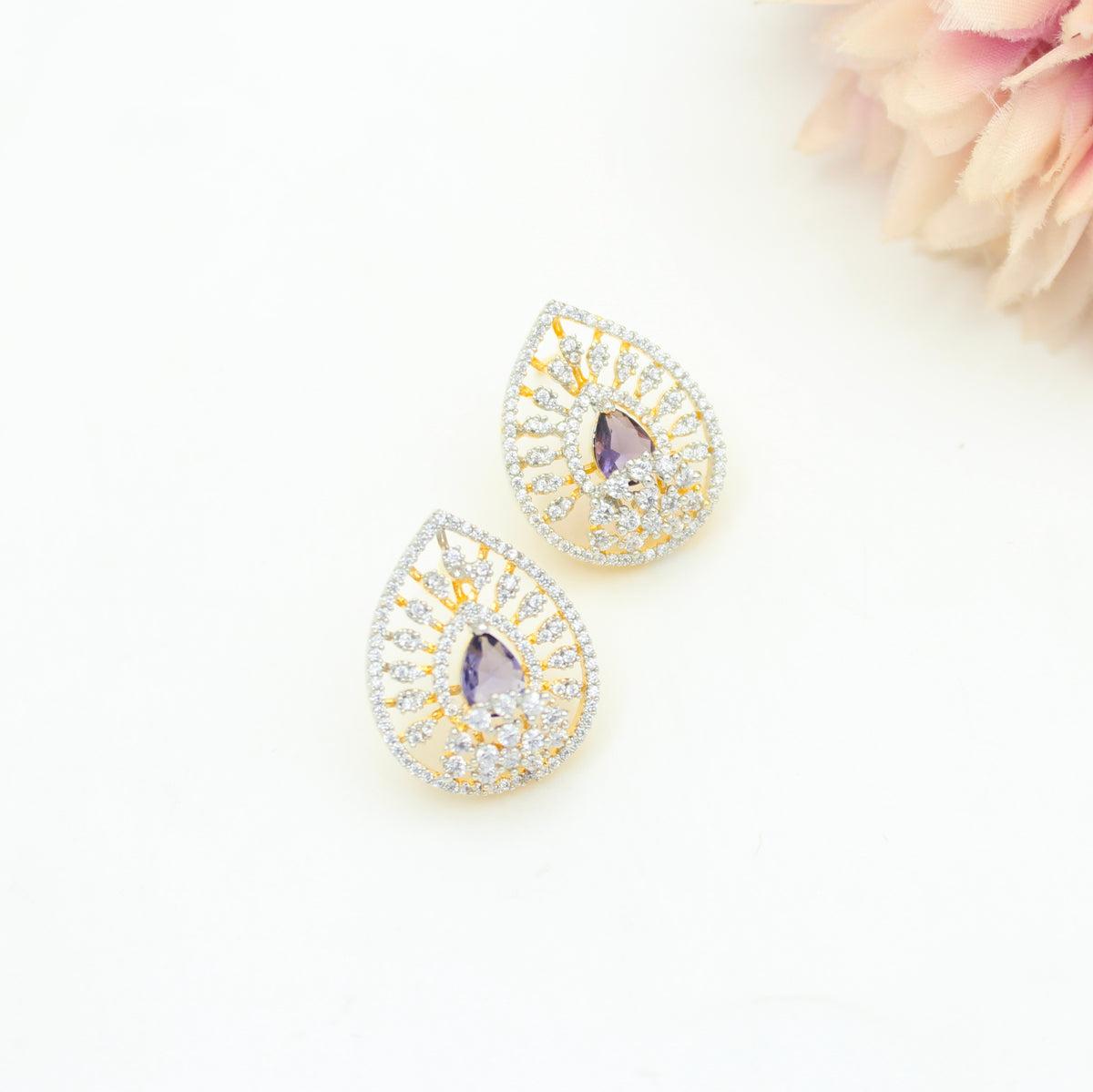 Diamond Look Purple Pendant Set With Screw Back Earrings 42864