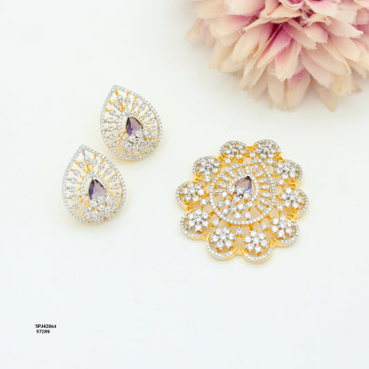 Diamond Look Purple Pendant Set With Screw Back Earrings 42864