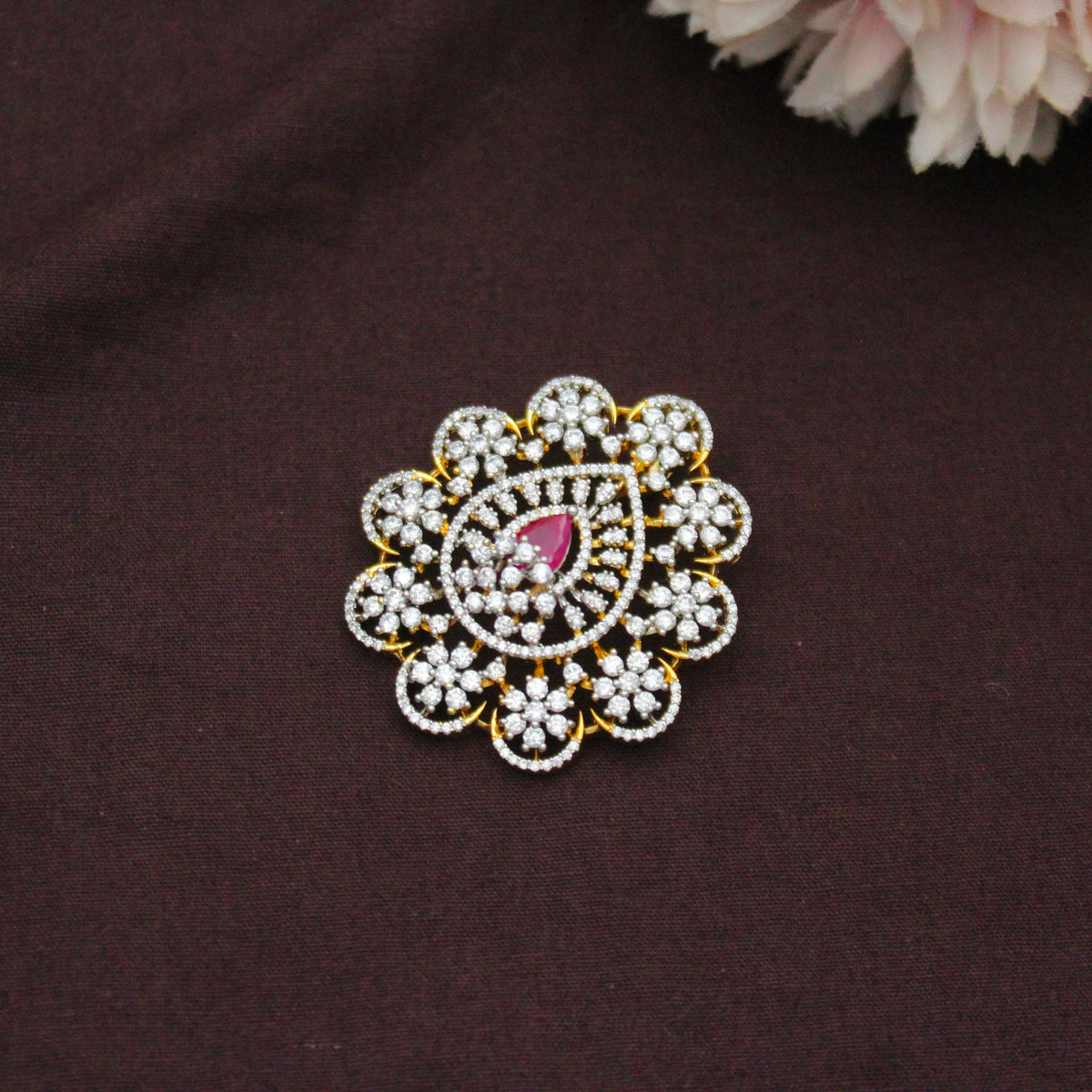 Diamond Look Fancy Red Pendant Set With Screw Back Earrings 42863