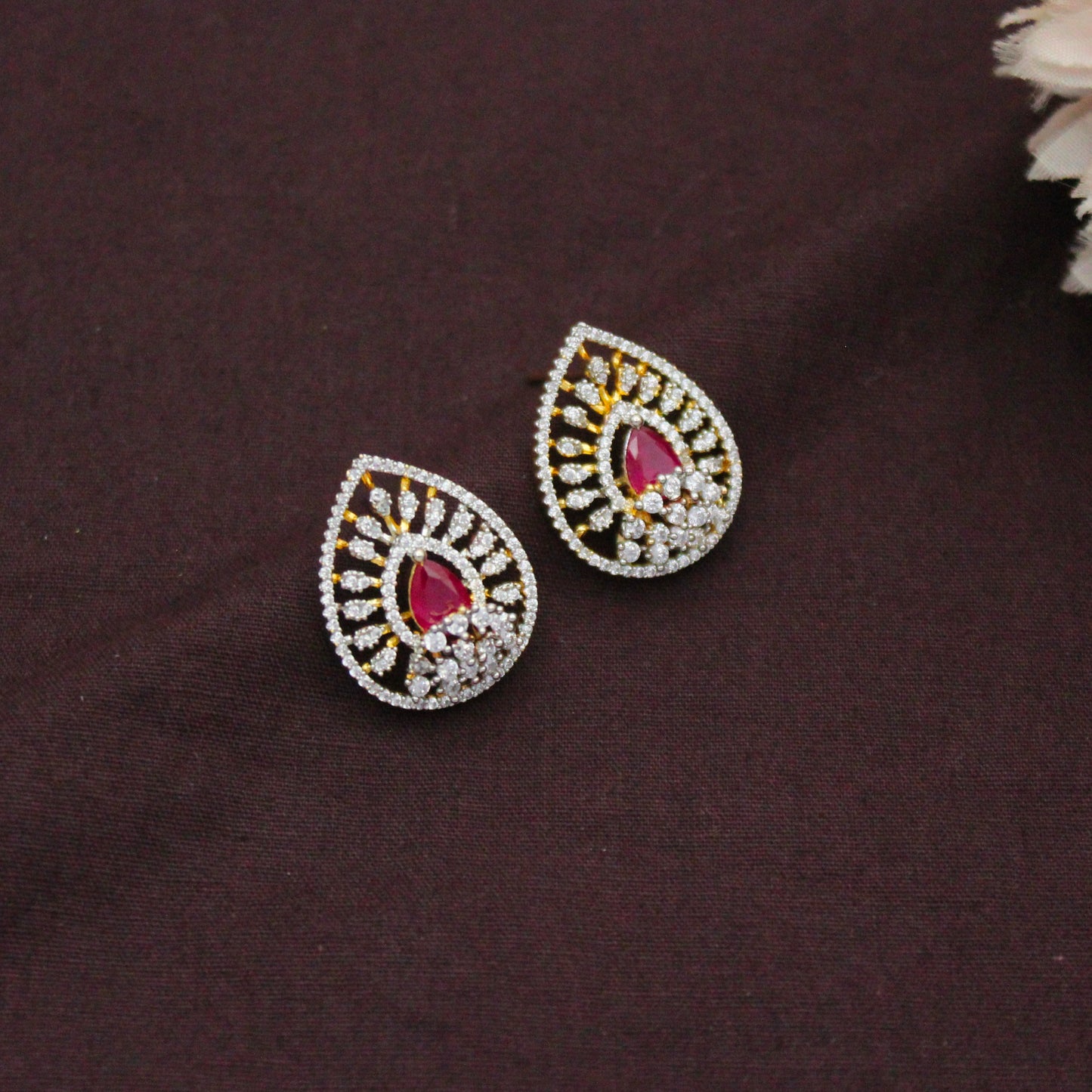 Diamond Look Fancy Red Pendant Set With Screw Back Earrings 42863