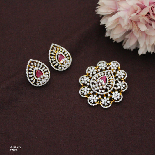 Diamond Look Fancy Red Pendant Set With Screw Back Earrings 42863