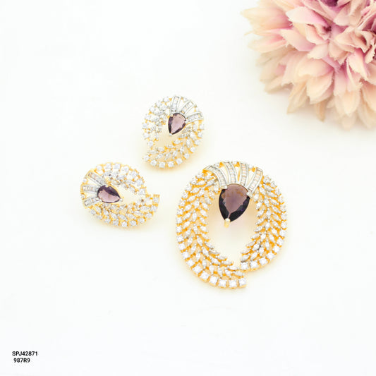 Diamond Look Purple Pendant Set With Push Back Earrings And Openable Hook 42871