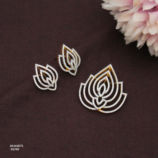 Real Diamond Look Lotus Design Full White Pendant Set With Earrings 42875