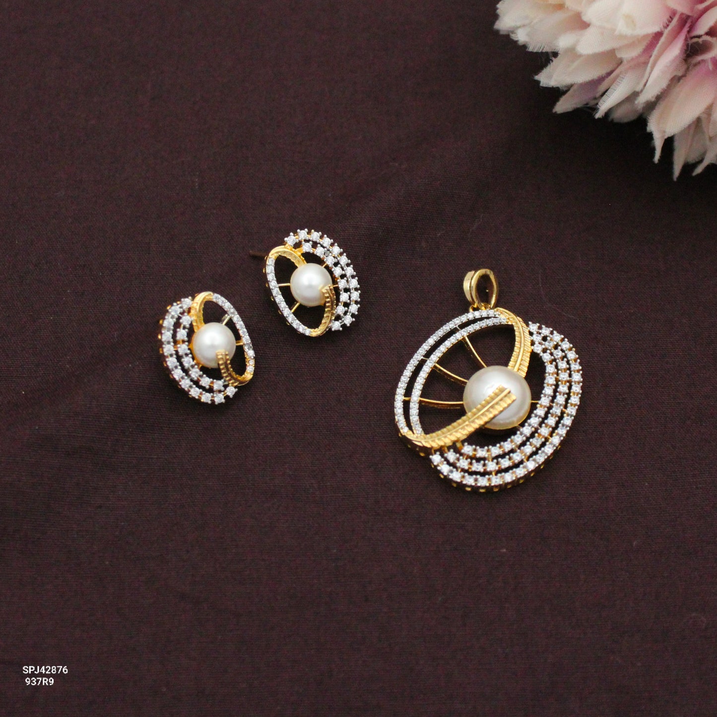 Fancy Pearl Full White Pendant Set With Earrings Real Diamond Look 42876