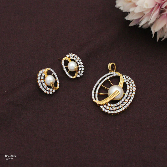 Fancy Pearl Full White Pendant Set With Earrings Real Diamond Look 42876