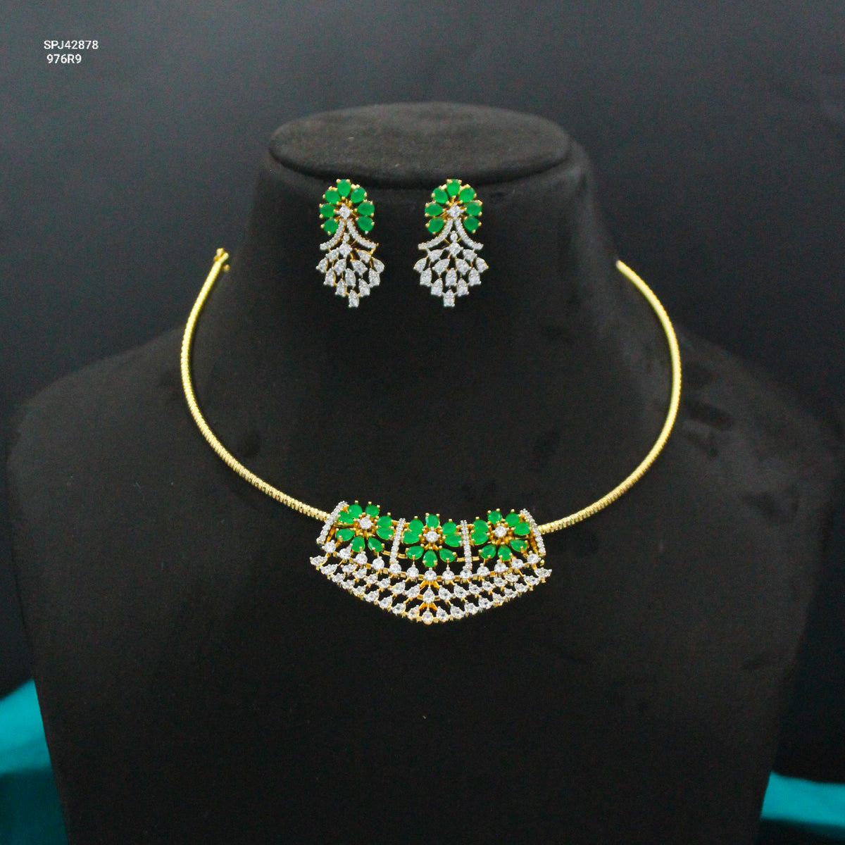 Kante With Green Diamond Look Fancy Pendant Set With Earrings 42878