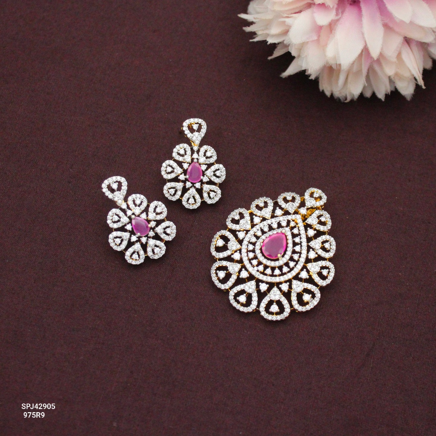 Diamond Look Premium Red Openable Hook Pendant Set With Push Back Earrings 42905
