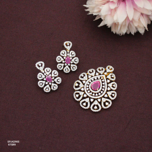 Diamond Look Premium Red Openable Hook Pendant Set With Push Back Earrings 42905