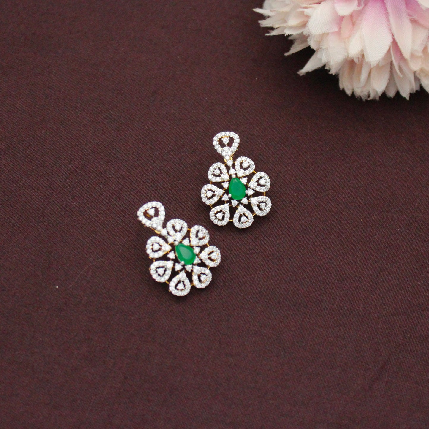 Diamond Look Premium Green Pendant Set With Push Back Earrings 42904