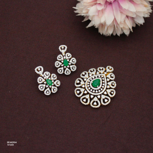 Diamond Look Premium Green Pendant Set With Push Back Earrings 42904