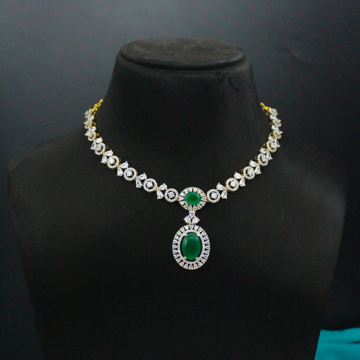 Elegant Real Diamond Look Green Fancy Short Necklace Set With Push Back Earrings 42902