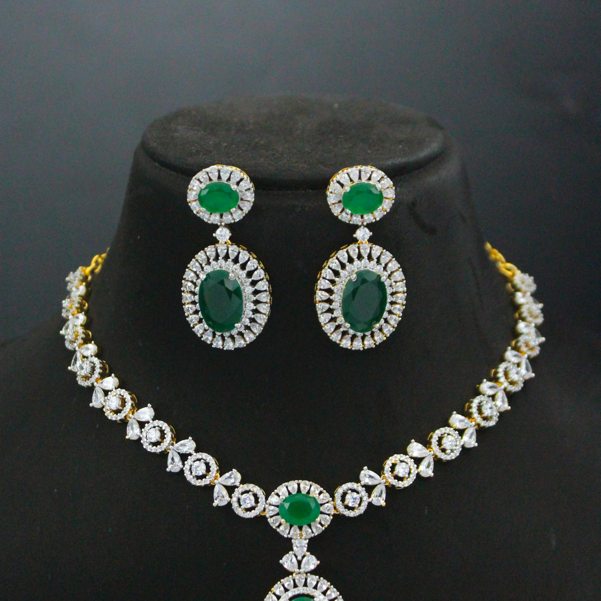 Elegant Real Diamond Look Green Fancy Short Necklace Set With Push Back Earrings 42902