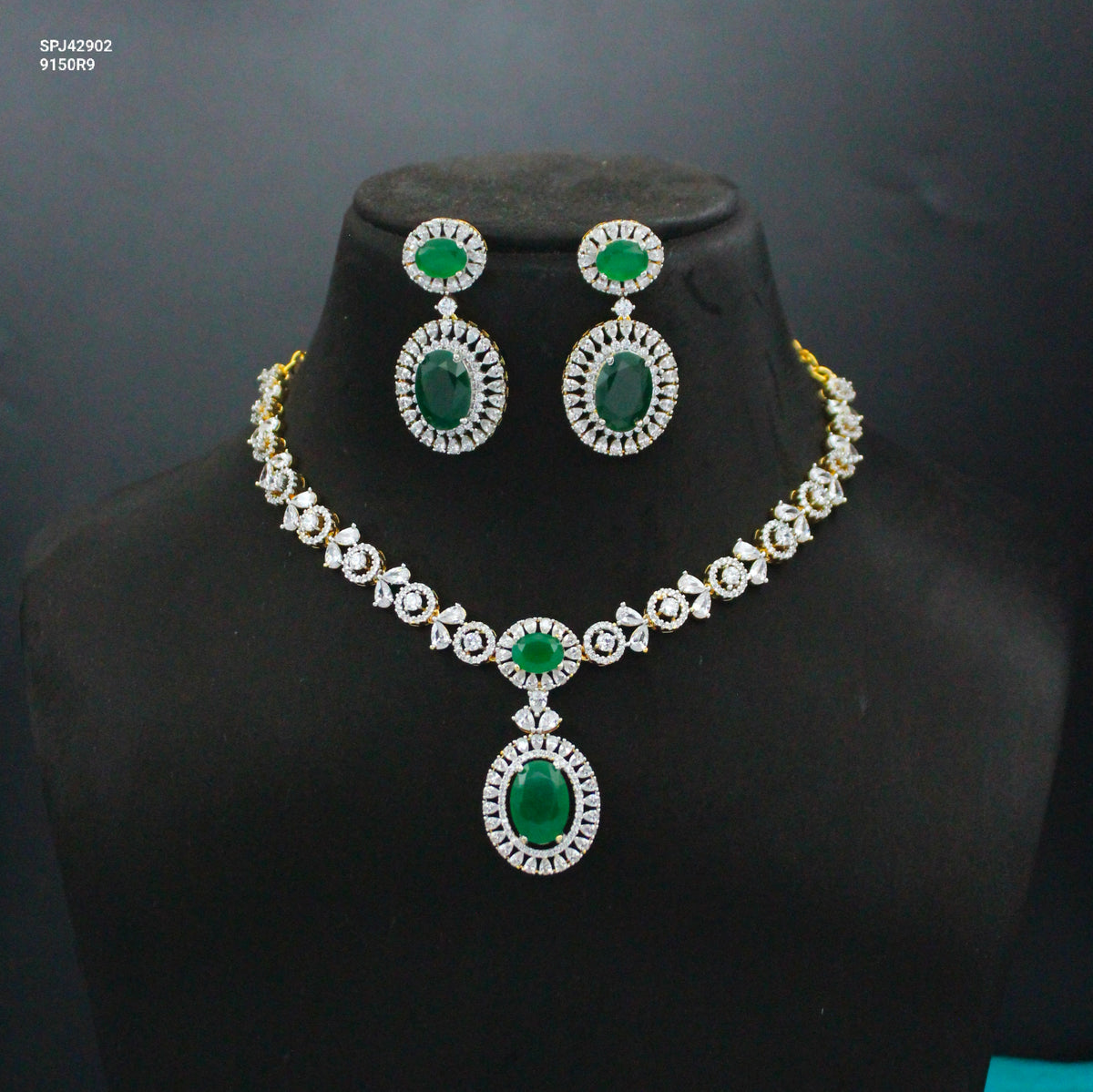 Elegant Real Diamond Look Green Fancy Short Necklace Set With Push Back Earrings 42902