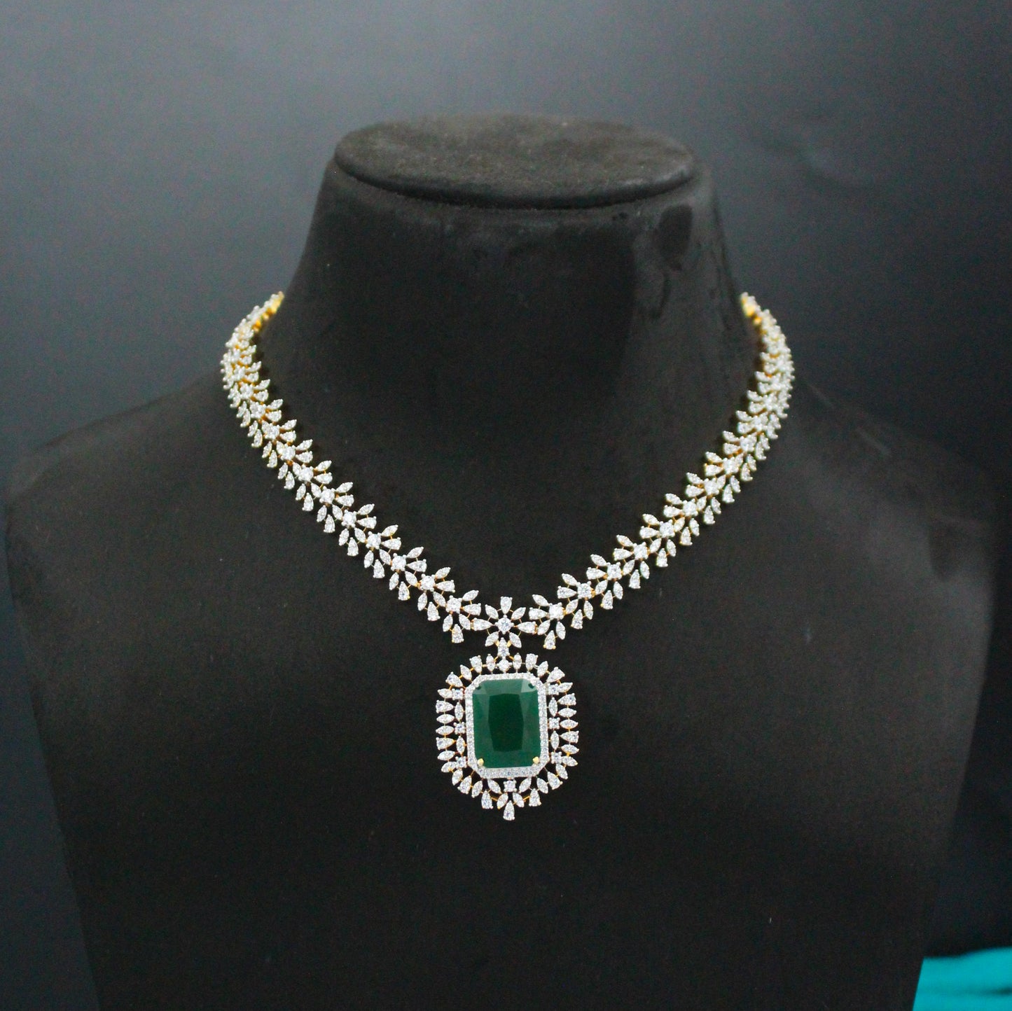 Real Diamond Look Fancy Green Square Stone Short Necklace Set With Push Back Earrings 42896