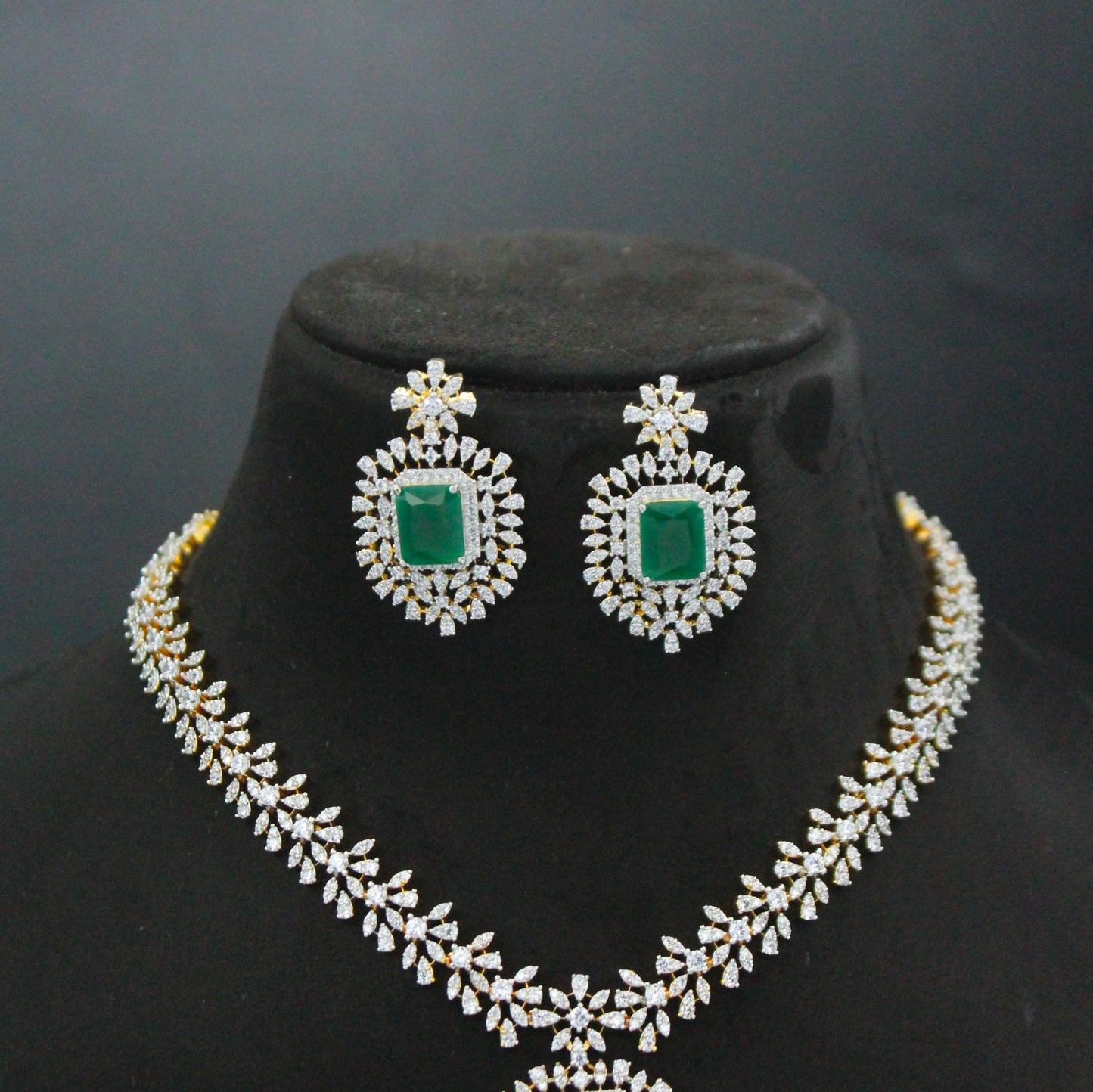 Real Diamond Look Fancy Green Square Stone Short Necklace Set With Push Back Earrings 42896