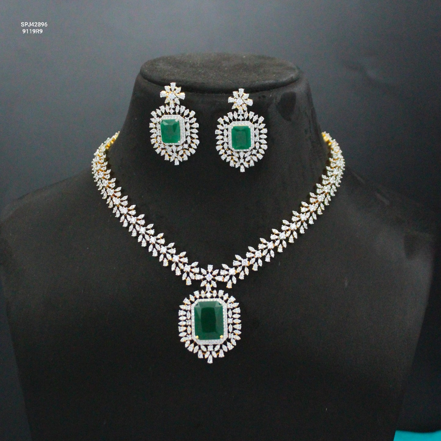 Real Diamond Look Fancy Green Square Stone Short Necklace Set With Push Back Earrings 42896