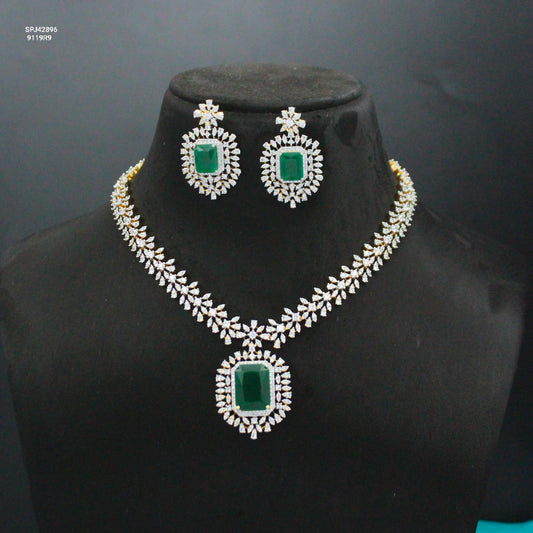 Real Diamond Look Fancy Green Square Stone Short Necklace Set With Push Back Earrings 42896
