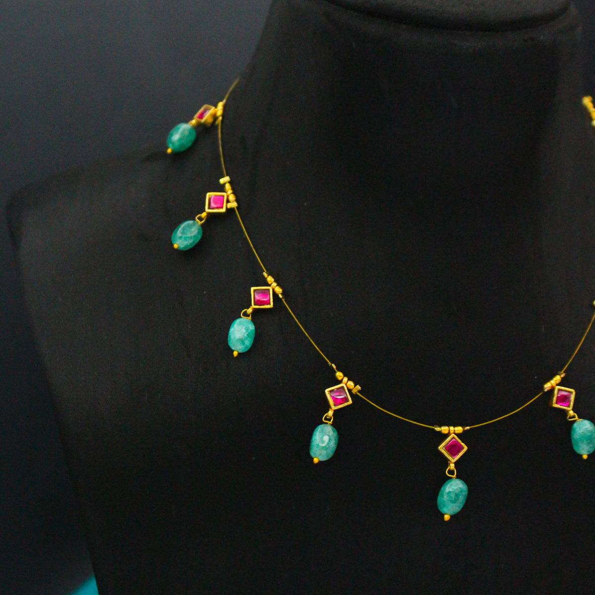 Invisible Chain With Jadau Kundan & Green Beads Drop 42907