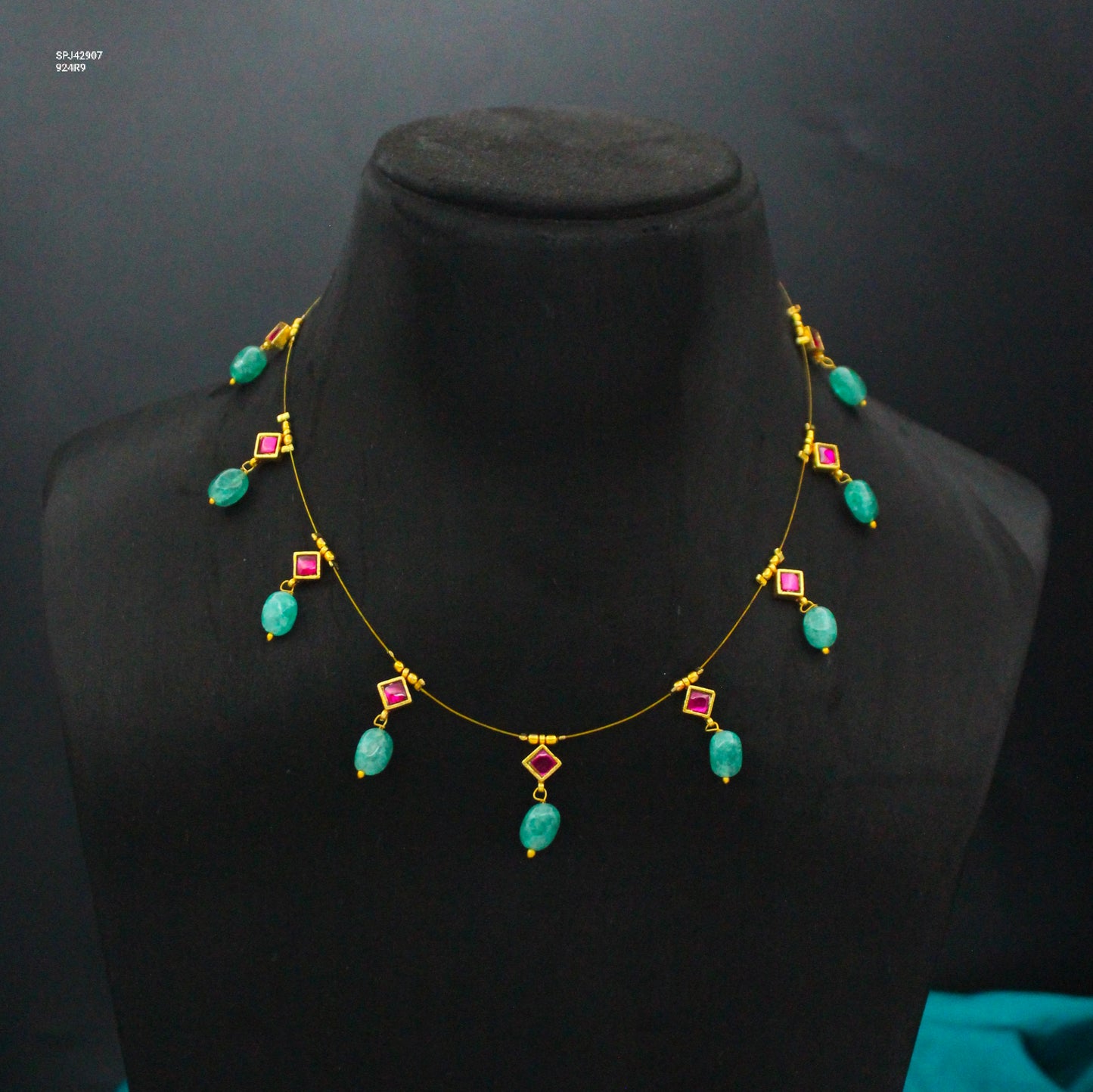 Invisible Chain With Jadau Kundan & Green Beads Drop 42907