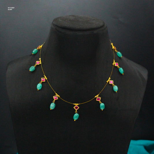 Invisible Chain With Jadau Kundan & Green Beads Drop 42907