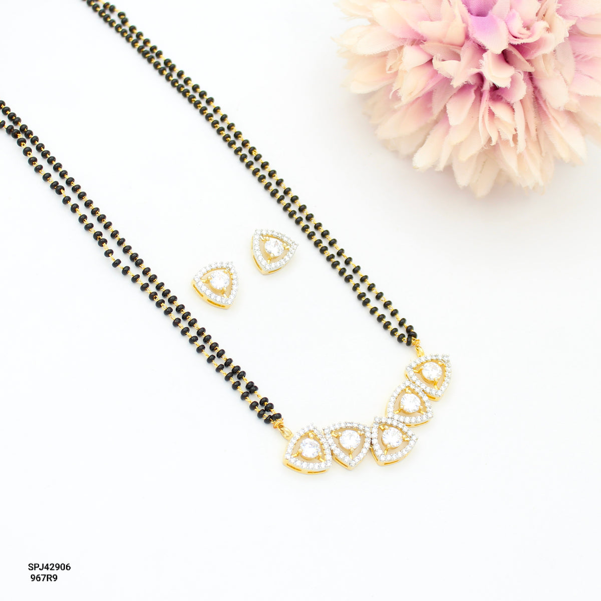 2 Lines Black Beads Mala Diamond Look Pendant Set with Push Back Earrings 42906