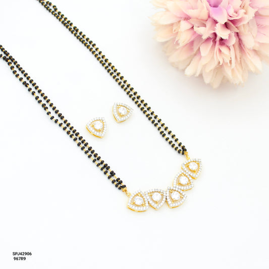 2 Lines Black Beads Mala Diamond Look Pendant Set with Push Back Earrings 42906