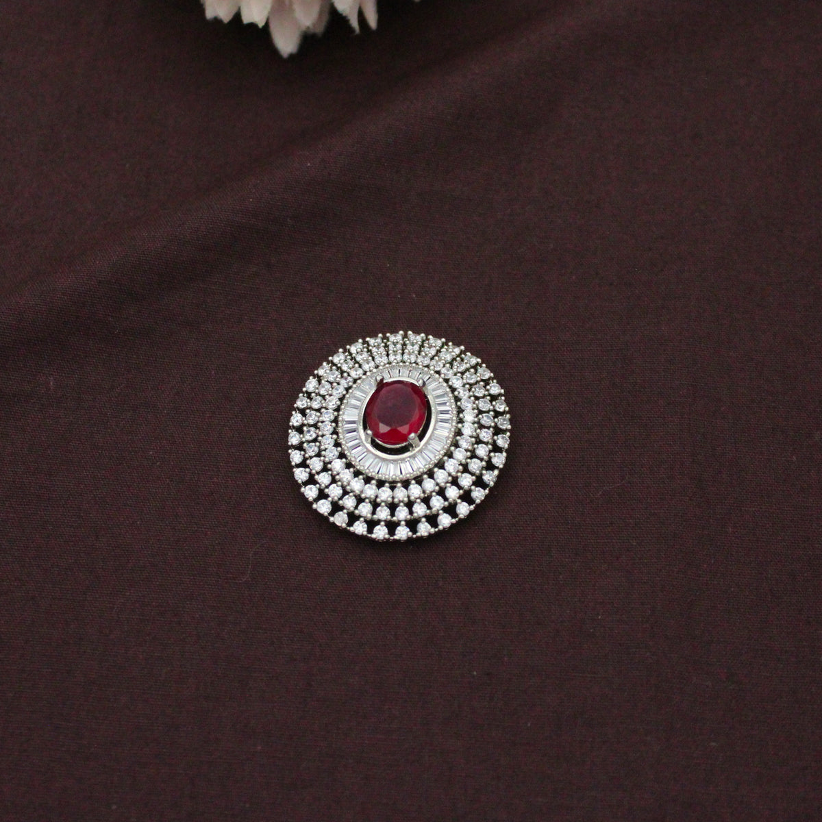 Elegant Platinum Red Stone Round Pendant Set With Push Back Earrings 42925