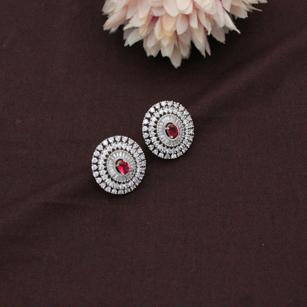 Elegant Platinum Red Stone Round Pendant Set With Push Back Earrings 42925