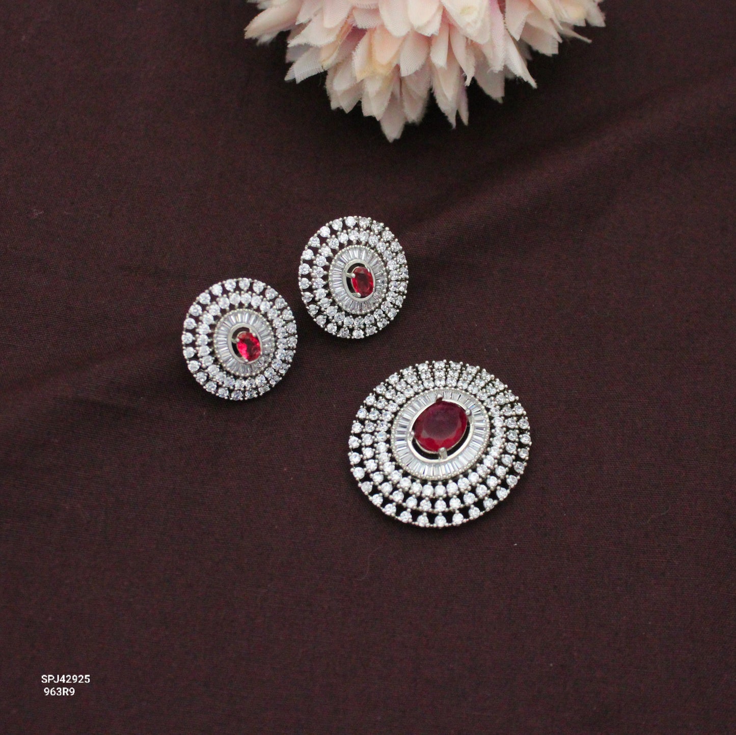 Elegant Platinum Red Stone Round Pendant Set With Push Back Earrings 42925